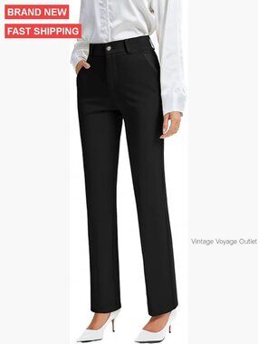 Stretchy Straight Leg Dress Pants with Pockets for Work Casual Wear